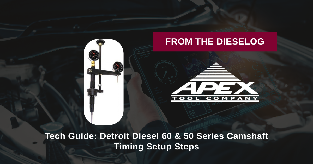 Step-by-step close up layout of camshaft timing tool mounted on a Detroit 60 Series cylinder head